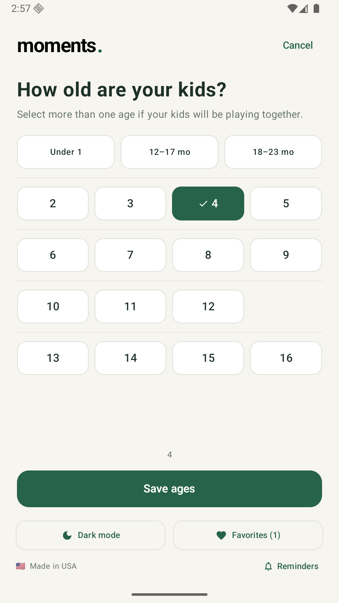 Moments app screen for selecting the ages of children who will play